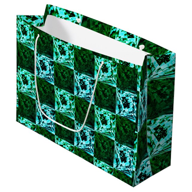 Grün und Himmelblau Schach oder Zyan mit Rechteck Große Geschenktüte (Vorderseite Schrägansicht)