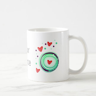 grün und lila, rotes Herz Tasse