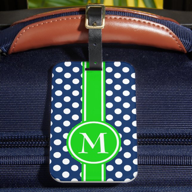 Grün-und Marine-Blau-Tupfen-Monogramm Gepäckanhänger (Vorderseite Insitu 2)
