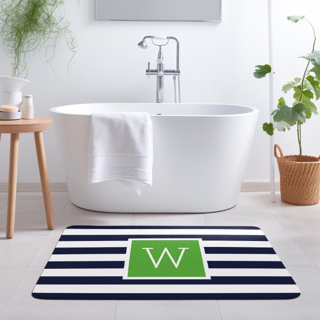 Grün und Navy gestreifte Monogramm Badematte (Von Creator hochgeladen)