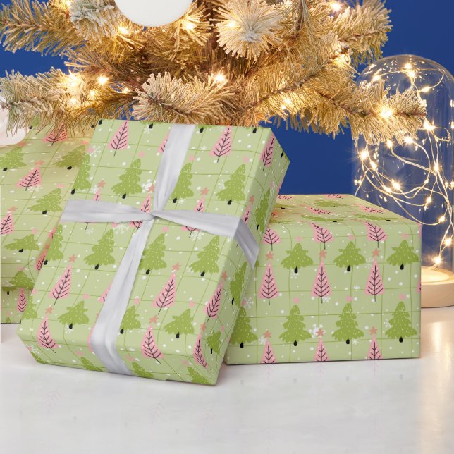 Grün und Off Weiße Weihnachtsbäume Rosa Weihnachte Geschenkpapier (Feiertage)