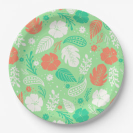 Grün- und Orangefarbenes tropisches Blattmuster Pappteller
