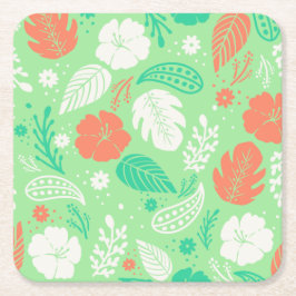 Grün- und Orangefarbenes tropisches Blattmuster Rechteckiger Pappuntersetzer