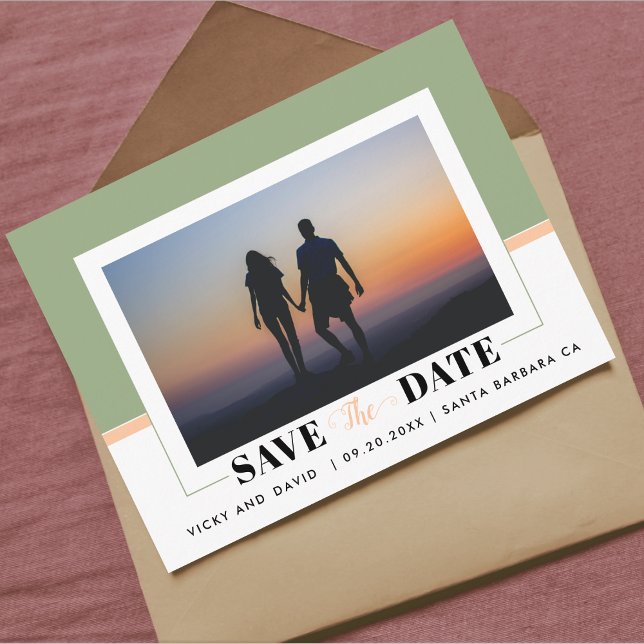 Grün und pfirsichfarbene Hochzeit Sichern des Date Postkarte (Von Creator hochgeladen)