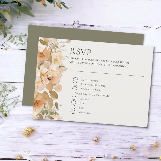 Grün- und Pfirsichhochzeit RSVP Karte (Muted Green And Peach Flower Wedding RSVP Card from Ricaso)