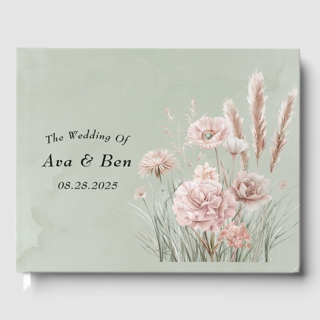 Grün und Rosa Wildblumen Hochzeit Gästebuch (Vorderseite)