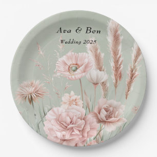Grün und Rosa Wildblumen Hochzeit Pappteller