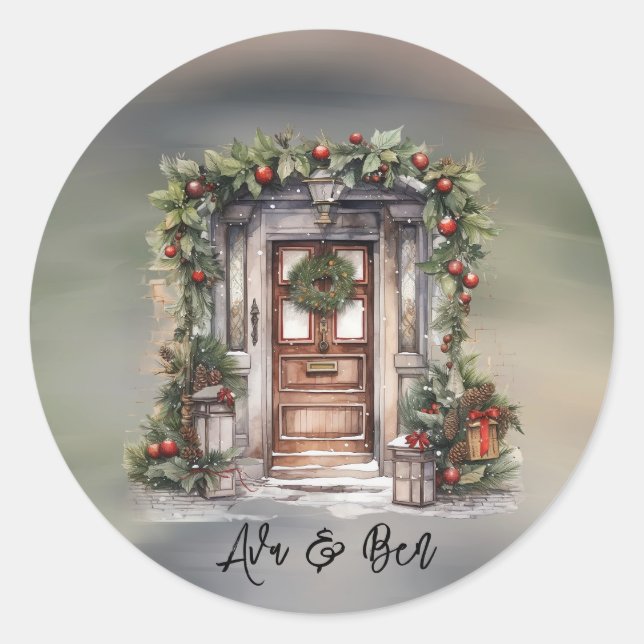 Grün und Rot Berry Dekorierte Tür Weihnachten Runder Aufkleber (Vorderseite)