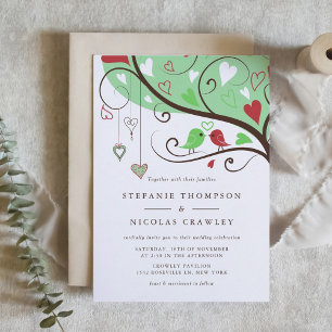 Grün und Rot-Whimsical-Lovebirds Hochzeiten Einladung