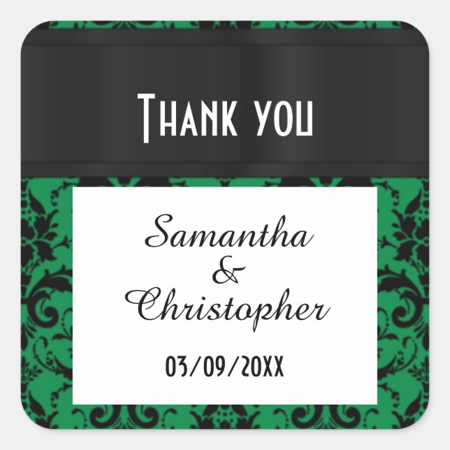 Grün und schwarz Damask Danke Quadratischer Aufkleber (Vorderseite)