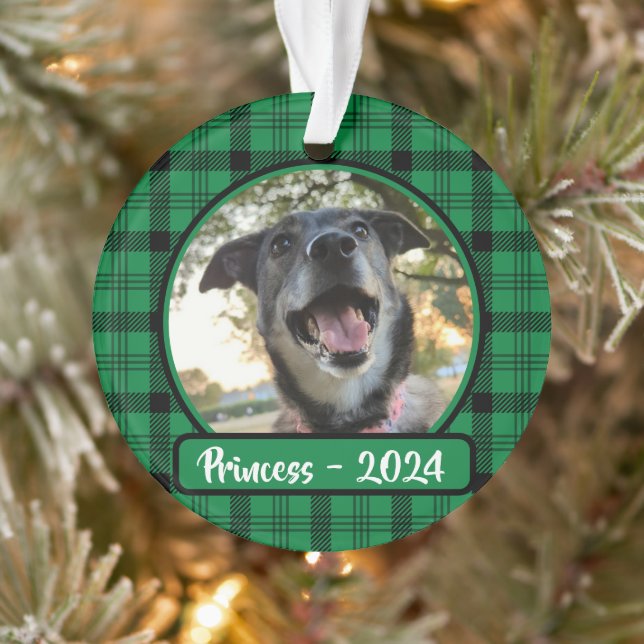 Grün und Schwarz Karierter Hund Foto Weihnachten Ornament (Baum)