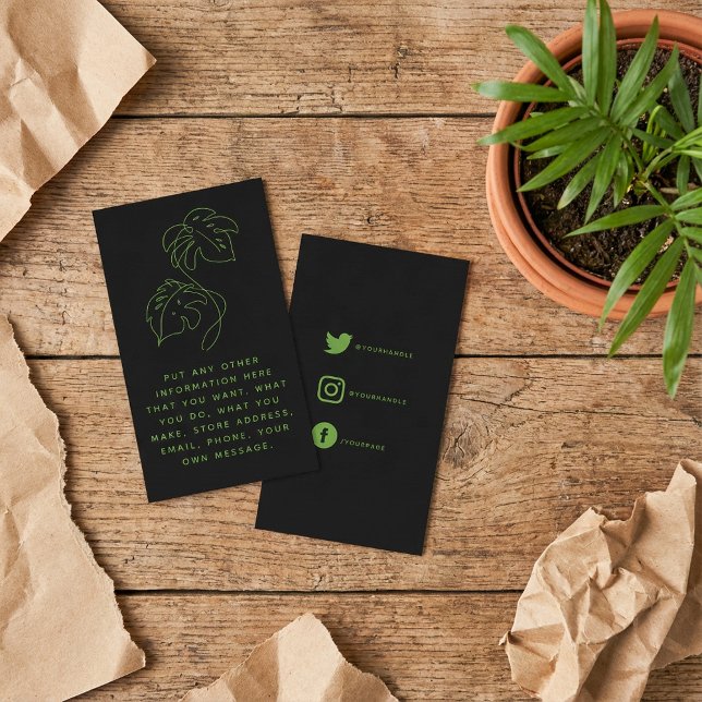 Grün und Schwarz Monstera, soziale Links danke Begleitkarte (Green and black monstera, social links thank you enclosure card.)