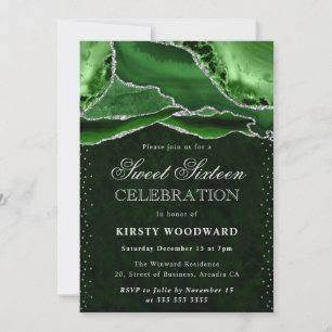 Grün und Silber Glitter Achat Sweet Sixteen Einladung