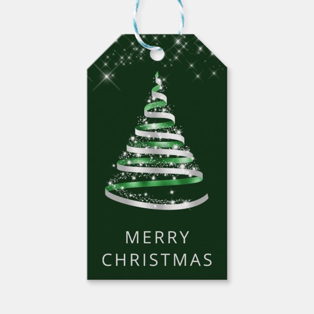 Grün und Silberband und Glitzer Weihnachtsbaum Geschenkanhänger (Vorderseite)