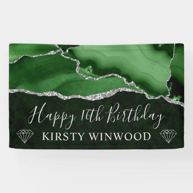 Grün und Silberner Glitzer Agate Marble Sweet 16 Banner (Horizontal)