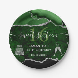 Grün und Silberner Glitzer Agate Marble Sweet 16 Pappteller