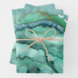 Grün- und Türkis-Abstrakt-Wasserfarbe Marmor Geschenkpapier Set