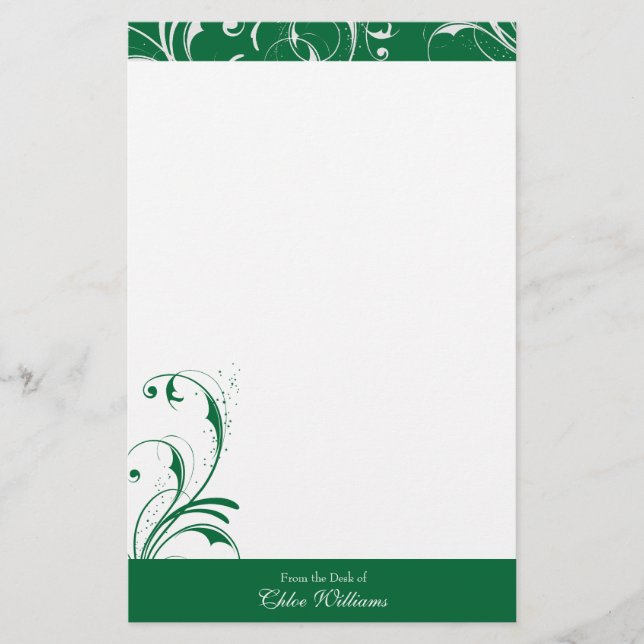 Grün und Weiß-Elegant Geblüht Briefpapier (Vorderseite)