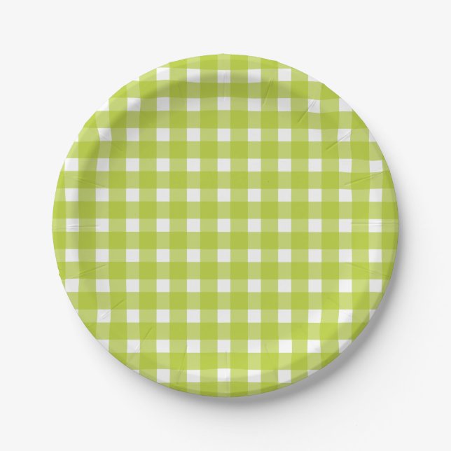 Grün- und Weiß-Gingham-Karierte Karo-Hochzeitsfeie Pappteller (Vorderseite)