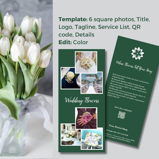Grün und Weiß 💐 Hochzeitsblumen Florist Werbekarte (Green & White Elegance 💐 Wedding Flowers Florist Rack Card)