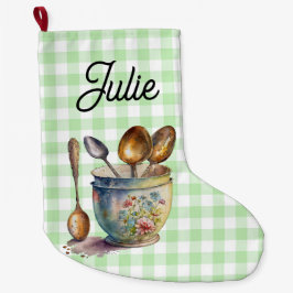 "Grün und Weiß kariert - Löffel in Tasse Großer Weihnachtsstrumpf