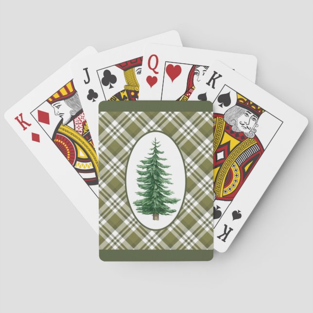 Grün und Weiß Kariert mit Evergreen Tree Cards Spielkarten (Rückseite)