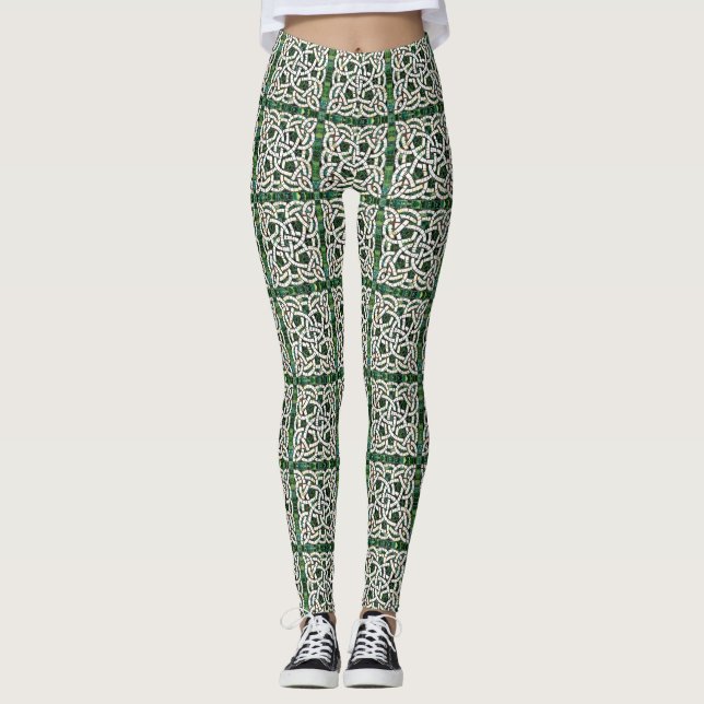 Grün und Weiß Knoststone Mosaik Leggings (Vorderseite)