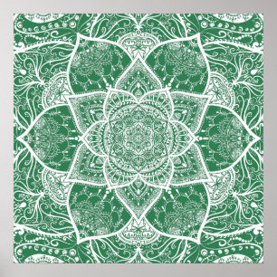 Grün und Weiß Mandala - Loergann in Rosemary Poster