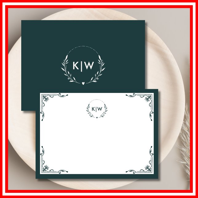 Grün und Weiß | Monogram für moderne Initials Mitteilungskarte (Von Creator hochgeladen)