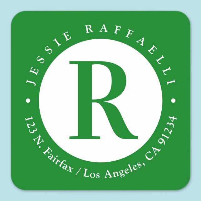 Grün und Weiß | Monogramm-Rücksendeadresse Quadratischer Aufkleber (Von Creator hochgeladen)