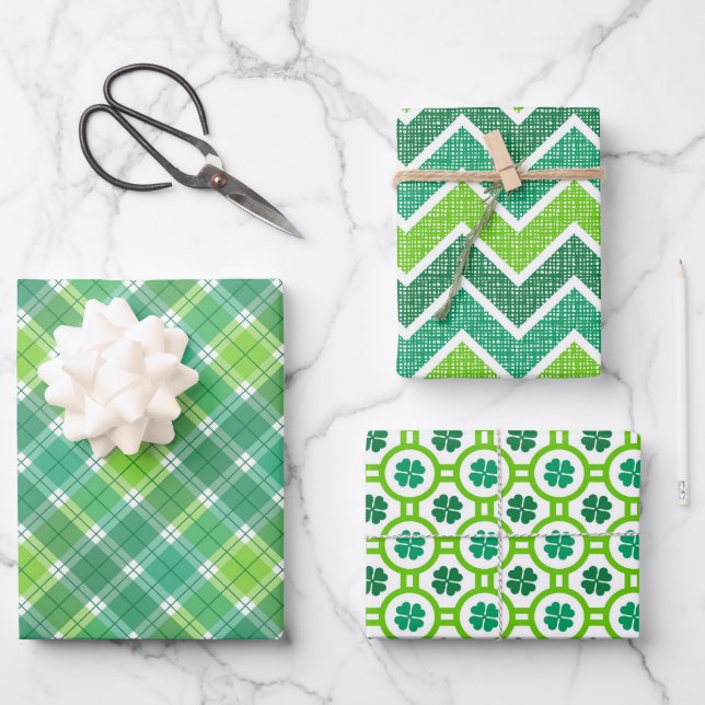 GRÜN- UND WEISSTÖNE IRISCHE MUSTER GESCHENKPAPIER SET (Vorderseite)
