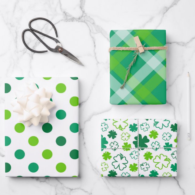 GRÜN- UND WEISSTÖNE IRISCHE MUSTER GESCHENKPAPIER SET (Vorderseite)