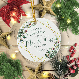 Grün unser erstes Weihnachten als Mr. & Mrs. Keramik Ornament