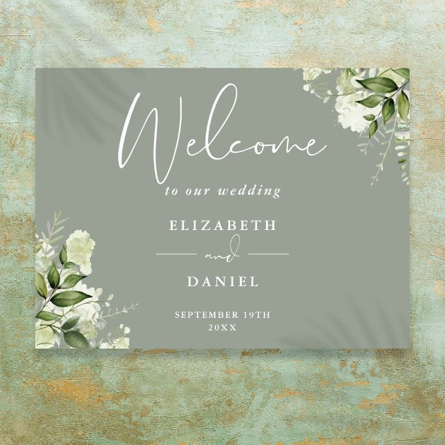 Grün von Sage Green Blumengrün Begrüßung Begrüßung Poster (Sage Green Floral Greenery Wedding Welcome Sign)