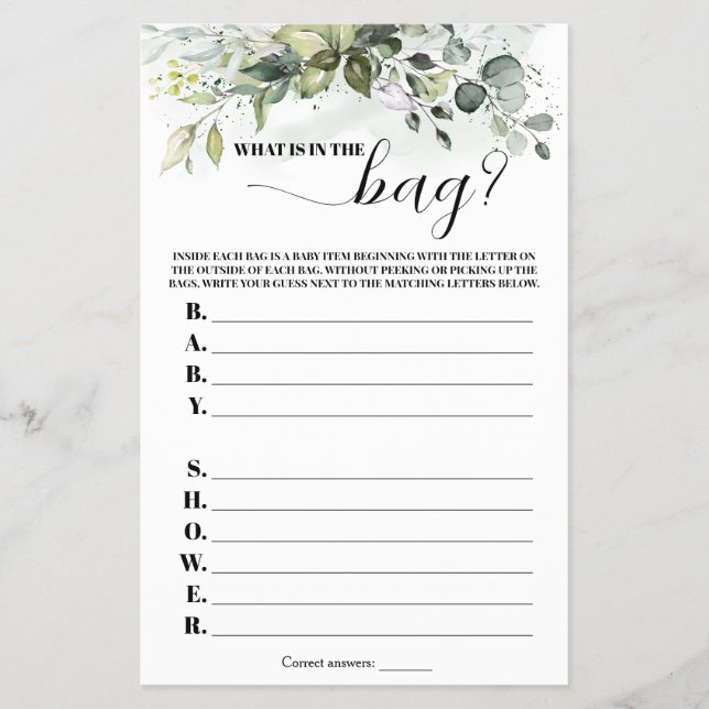Grün Was ist im Bag Baby Shower Game? Flyer (Vorne)