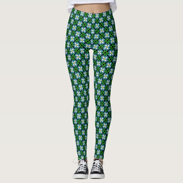 Grün-Weiß-Blume Blumenmuster Leggings (Vorderseite)