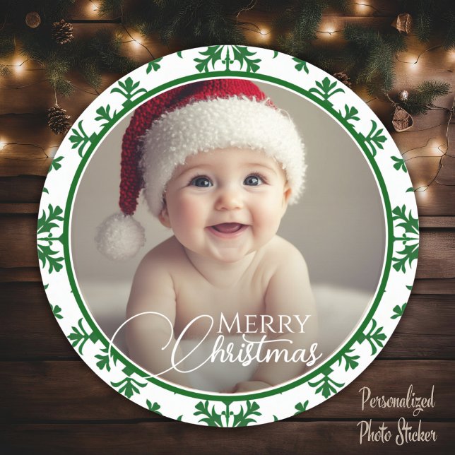 Grün-Weiß-frohe Weihnachtszeit-Foto Runder Aufkleber (Green And White Merry Christmas Photo Classic Round Sticker)