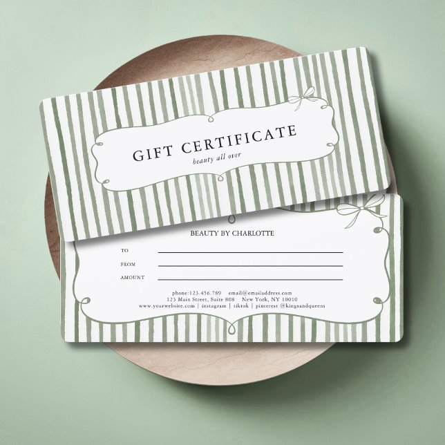 Grün Weiß gestreifter Vintage-Bogen Geschenkgutsch (Green White Stripe Vintage Bow Gift Certificate)