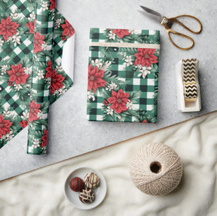 Grün Weiß Gingham Weihnachtsstern Weihnachtsblumen Geschenkpapier