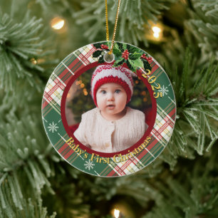 Grün-weiß kariert   Baby's erstes Weihnachten Foto Keramik Ornament