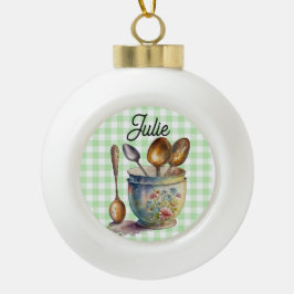 "Grün-weiß kariert - Löffel in Tasse Keramik Kugel-Ornament