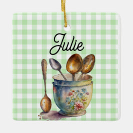 "Grün-weiß kariert - Löffel in Tasse Keramikornament