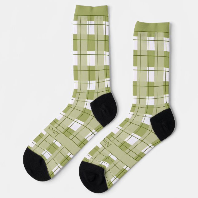 Grün-weiß kariert, Text am Fuß Socken (Linkes Detail)