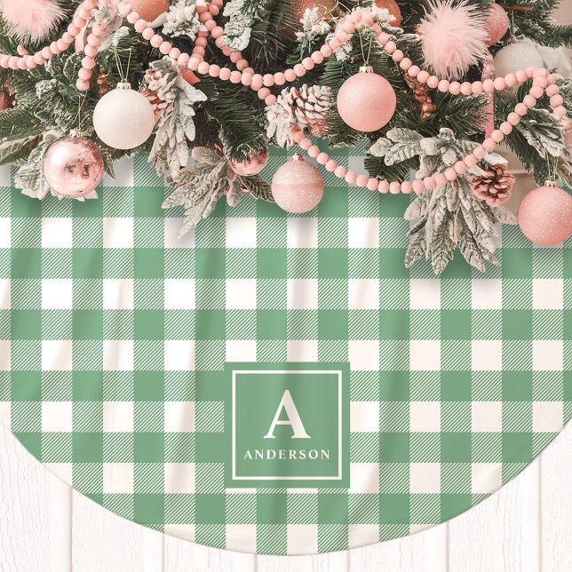 Grün-Weiß kariertes Monogramm Polyester Weihnachtsbaumdecke (Von Creator hochgeladen)