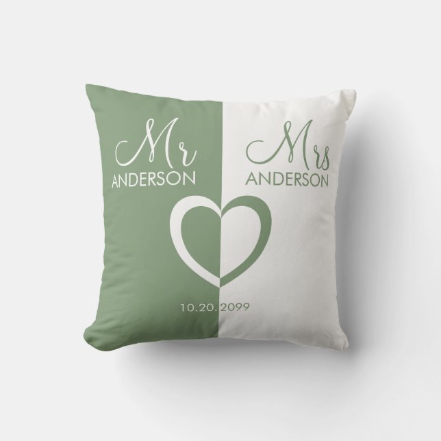 Grün weiß Mr. Mrs. Herzenshochzeit Throw Pillow Kissen (Vorderseite)