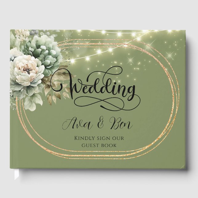 Grün-Weiß-Peony-Lights Hochzeit Gästebuch (Vorderseite)