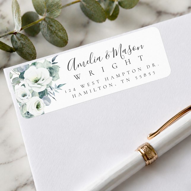 Grün Weiß Rose Elegante Schrift Rücksendeadresse (Greenery White Rose Elegant Script Return Address Label)