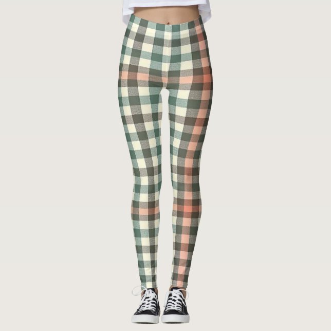 Grün, Weiß und Orange Kariert Leggings (Vorderseite)
