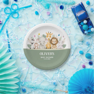 Grün-Weiß-Wasserfarben-Babydusche Pappteller