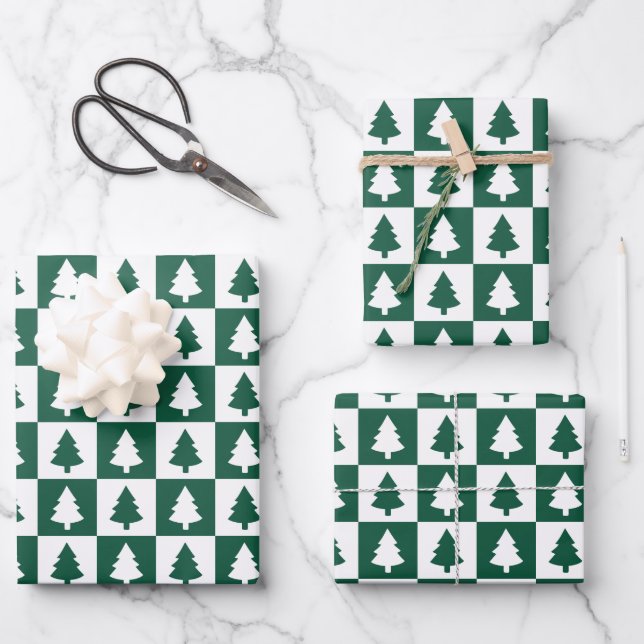 Grün-Weiß-Weihnachtsbaummuster Geschenkpapier Set (Vorderseite)